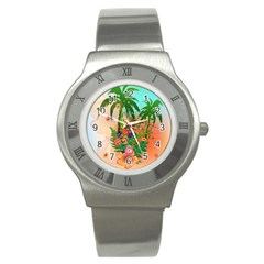 Tropical Design With Palm And Flowers Stainless Steel Watches