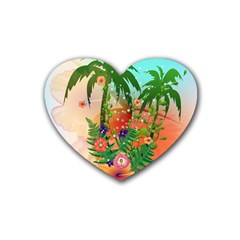 Tropical Design With Palm And Flowers Rubber Coaster (heart)  by FantasyWorld7