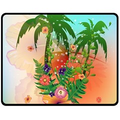 Tropical Design With Palm And Flowers Fleece Blanket (medium)  by FantasyWorld7