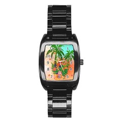 Tropical Design With Palm And Flowers Stainless Steel Barrel Watch