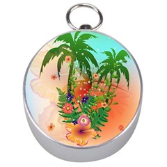 Tropical Design With Palm And Flowers Silver Compasses