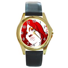 Women Face With Clef Round Gold Metal Watches