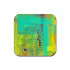 Abstract In Turquoise, Gold, And Copper Rubber Coaster (square)  by digitaldivadesigns