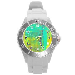 Abstract In Turquoise, Gold, And Copper Round Plastic Sport Watch (l)