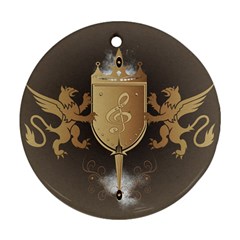 Music, Clef On A Shield With Liions And Water Splash Ornament (round) 