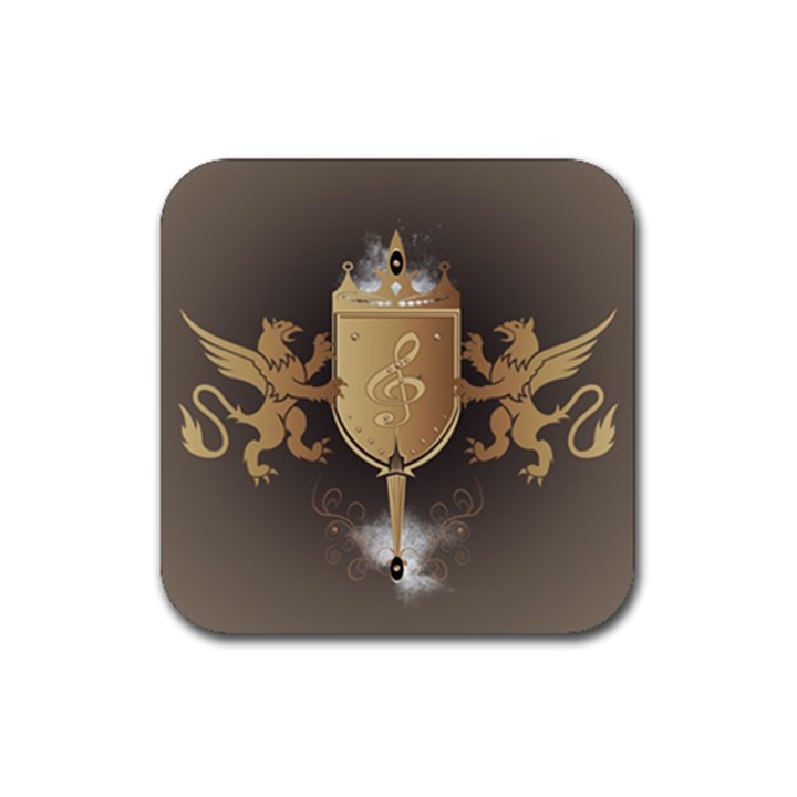 Music, Clef On A Shield With Liions And Water Splash Rubber Coaster (Square) 