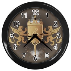 Music, Clef On A Shield With Liions And Water Splash Wall Clocks (black)