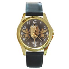 Music, Clef On A Shield With Liions And Water Splash Round Gold Metal Watches