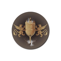 Music, Clef On A Shield With Liions And Water Splash Rubber Coaster (round) 