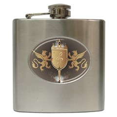 Music, Clef On A Shield With Liions And Water Splash Hip Flask (6 Oz)