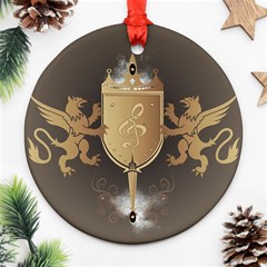 Music, Clef On A Shield With Liions And Water Splash Round Ornament (two Sides)  by FantasyWorld7