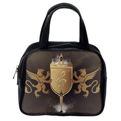 Music, Clef On A Shield With Liions And Water Splash Classic Handbags (one Side)