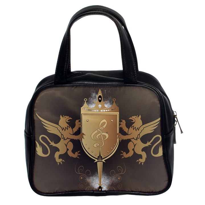 Music, Clef On A Shield With Liions And Water Splash Classic Handbags (2 Sides)