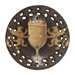 Music, Clef On A Shield With Liions And Water Splash Ornament (round Filigree) 