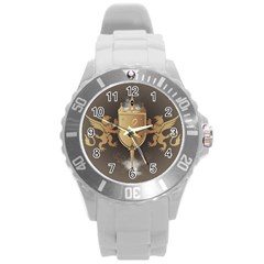 Music, Clef On A Shield With Liions And Water Splash Round Plastic Sport Watch (l) by FantasyWorld7