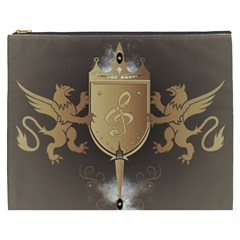 Music, Clef On A Shield With Liions And Water Splash Cosmetic Bag (xxxl) 