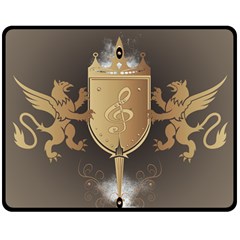 Music, Clef On A Shield With Liions And Water Splash Double Sided Fleece Blanket (medium) 