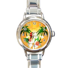 Cute Parrot With Flowers And Palm Round Italian Charm Watches