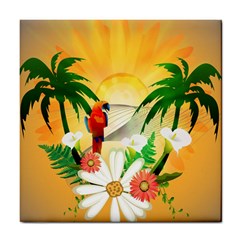 Cute Parrot With Flowers And Palm Tile Coasters