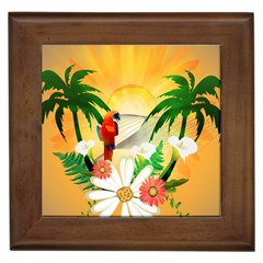 Cute Parrot With Flowers And Palm Framed Tiles