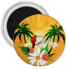 Cute Parrot With Flowers And Palm 3  Magnets