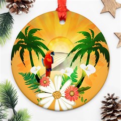 Cute Parrot With Flowers And Palm Ornament (round) 