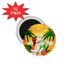 Cute Parrot With Flowers And Palm 1 75  Magnets (10 Pack) 