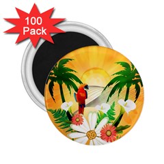 Cute Parrot With Flowers And Palm 2 25  Magnets (100 Pack) 