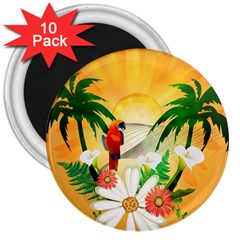 Cute Parrot With Flowers And Palm 3  Magnets (10 Pack) 