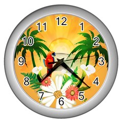 Cute Parrot With Flowers And Palm Wall Clocks (silver) 