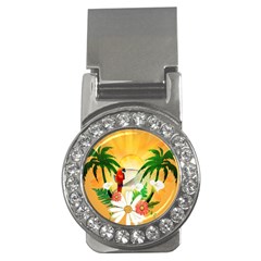 Cute Parrot With Flowers And Palm Money Clips (cz)  by FantasyWorld7