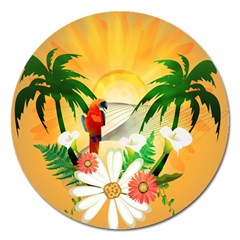 Cute Parrot With Flowers And Palm Magnet 5  (round)