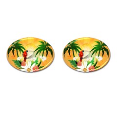 Cute Parrot With Flowers And Palm Cufflinks (oval) by FantasyWorld7