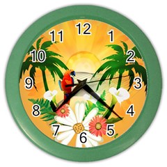 Cute Parrot With Flowers And Palm Color Wall Clocks