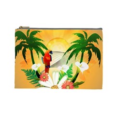 Cute Parrot With Flowers And Palm Cosmetic Bag (large)  by FantasyWorld7