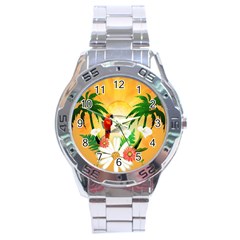 Cute Parrot With Flowers And Palm Stainless Steel Men s Watch