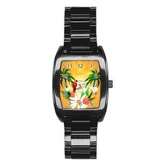 Cute Parrot With Flowers And Palm Stainless Steel Barrel Watch