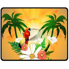 Cute Parrot With Flowers And Palm Double Sided Fleece Blanket (medium) 