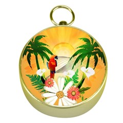 Cute Parrot With Flowers And Palm Gold Compasses