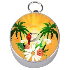 Cute Parrot With Flowers And Palm Silver Compasses by FantasyWorld7