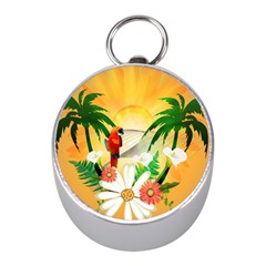 Cute Parrot With Flowers And Palm Mini Silver Compasses by FantasyWorld7