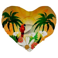 Cute Parrot With Flowers And Palm Large 19  Premium Flano Heart Shape Cushions