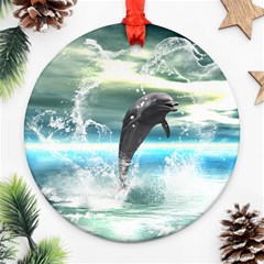 Funny Dolphin Jumping By A Heart Made Of Water Ornament (round) 