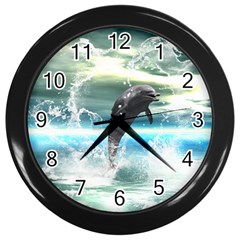 Funny Dolphin Jumping By A Heart Made Of Water Wall Clocks (black)