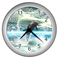 Funny Dolphin Jumping By A Heart Made Of Water Wall Clocks (silver) 