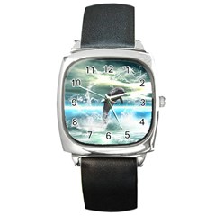 Funny Dolphin Jumping By A Heart Made Of Water Square Metal Watches