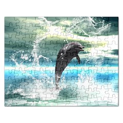 Funny Dolphin Jumping By A Heart Made Of Water Rectangular Jigsaw Puzzl by FantasyWorld7