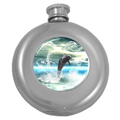 Funny Dolphin Jumping By A Heart Made Of Water Round Hip Flask (5 Oz)