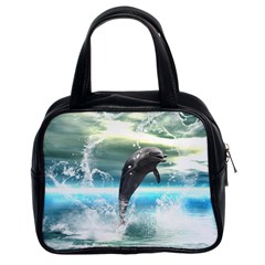 Funny Dolphin Jumping By A Heart Made Of Water Classic Handbags (2 Sides) by FantasyWorld7