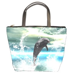 Funny Dolphin Jumping By A Heart Made Of Water Bucket Bags by FantasyWorld7